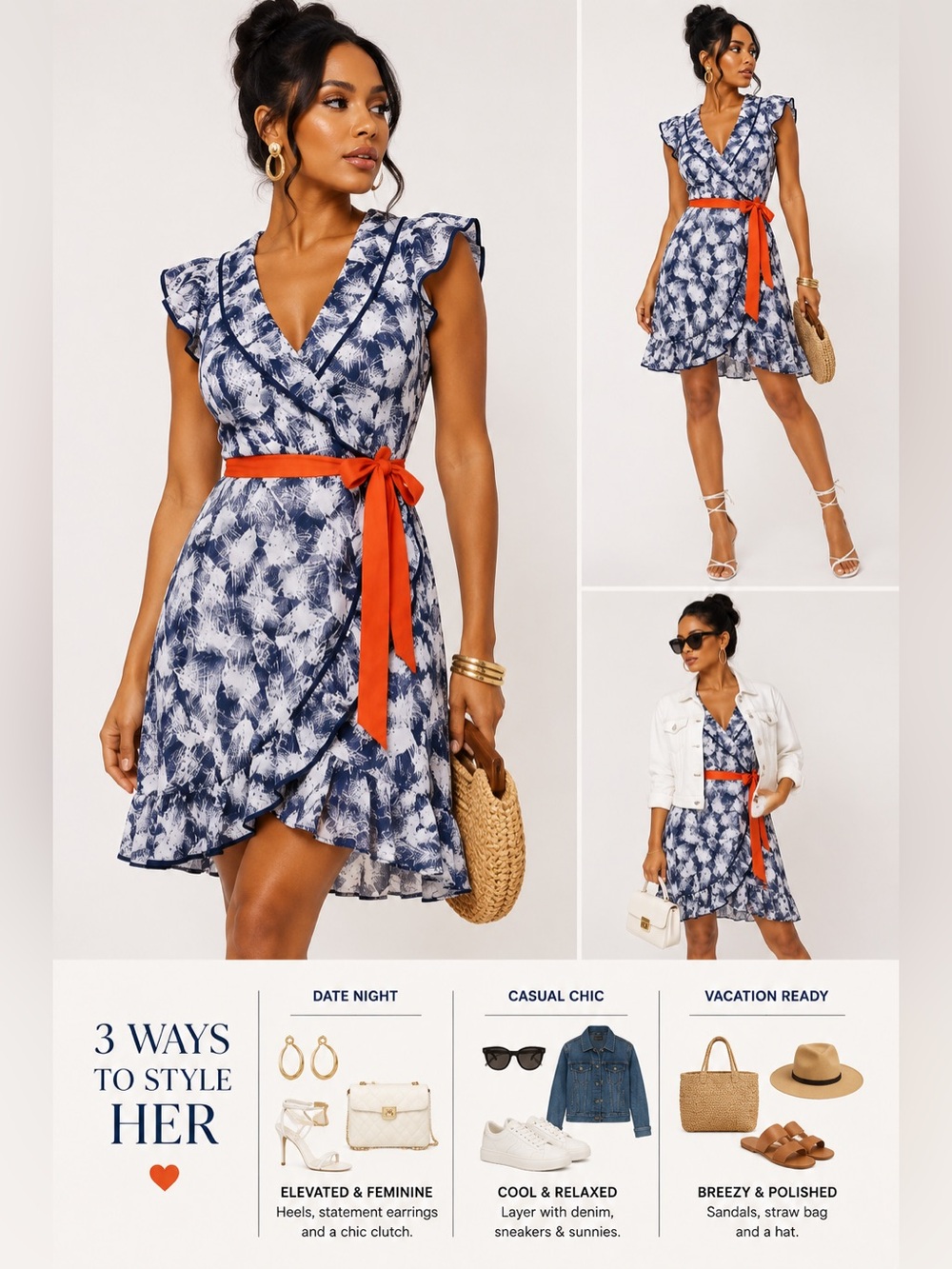 🍊 H&M Navy White Geometric Ruffle Faux Wrap Mini Dress Belted | Size 4 🍊
